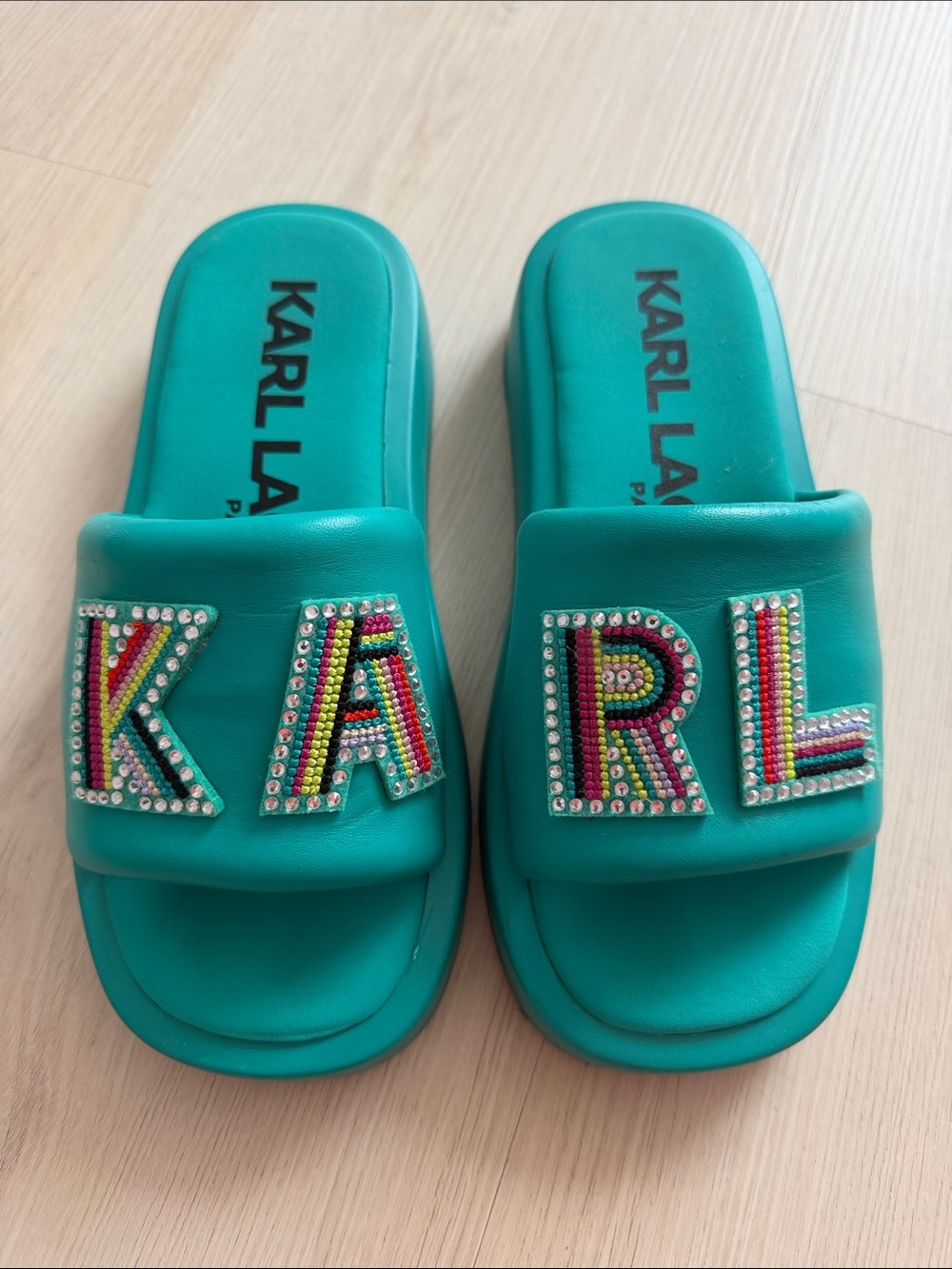 Karl Lagerfeld Teal Beaded Logo Slide Sandals